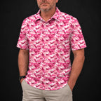 Pink Camo Performance Print Polo worn, front view