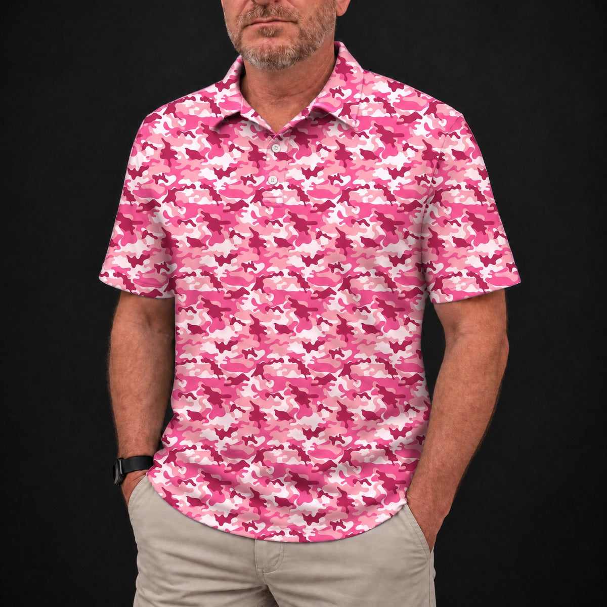 Pink Camo Performance Print Polo worn, front view
