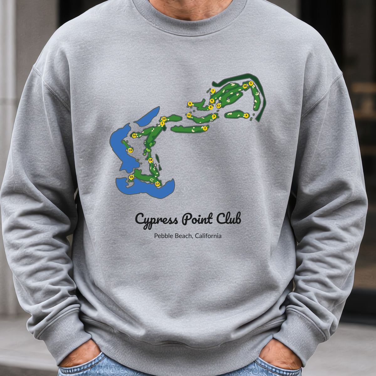 Cypress Point Club Course Map Sweatshirt worn, Sport Grey