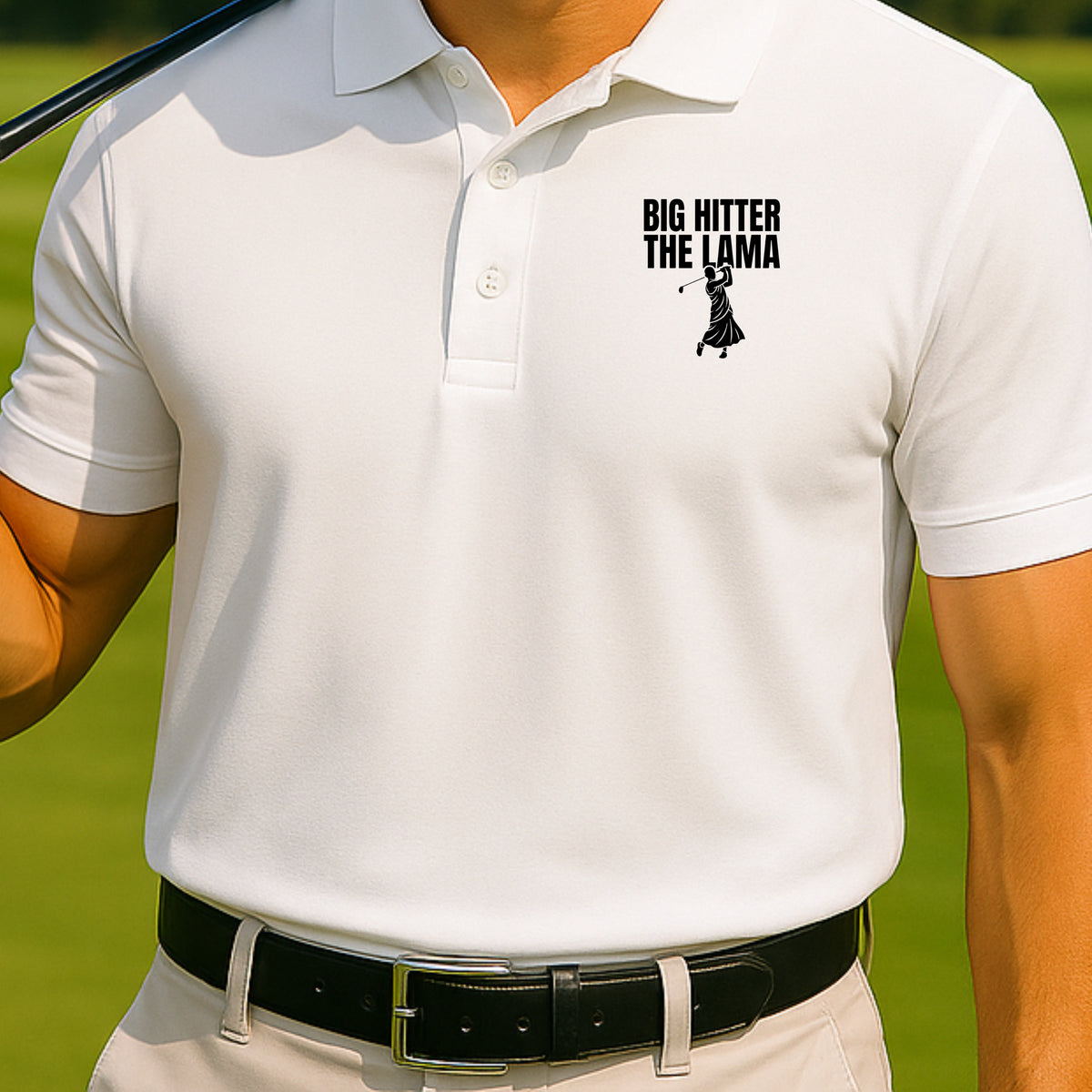 Big Hitter Performance Polo worn on the golf course, White