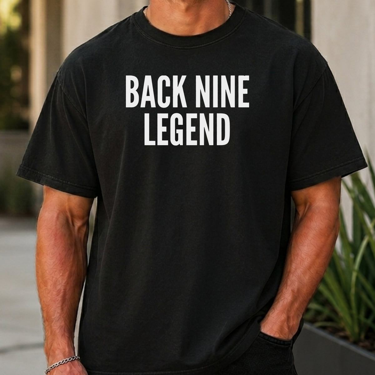 BACK NINE LEGEND Premium Tee worn, Black