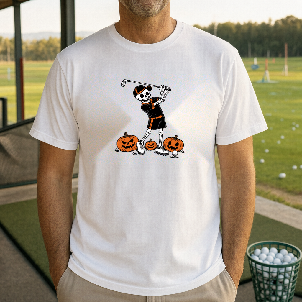 Swing Or Treat Tee worn on the golf course, White