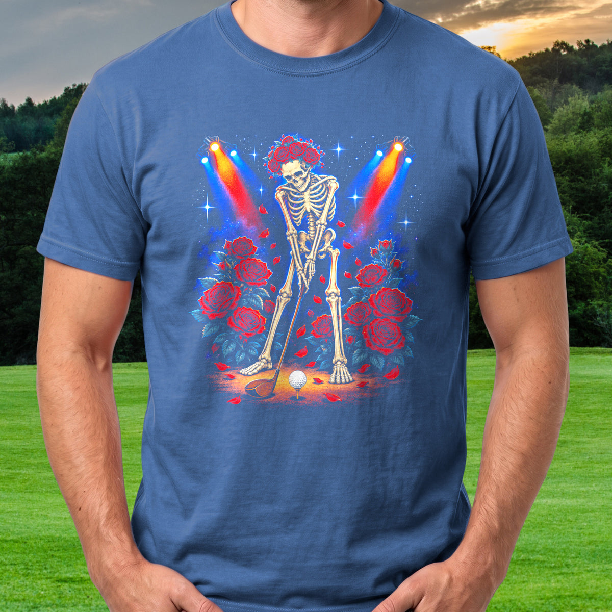 Eternal Drive Rock Tour Tee worn on the golf course, Royal