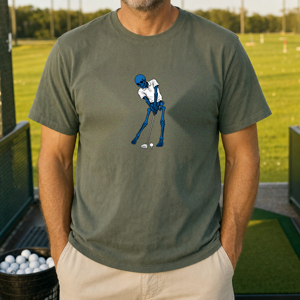 Blue Skeleton's Full Send Tee worn on the golf course, Military Green