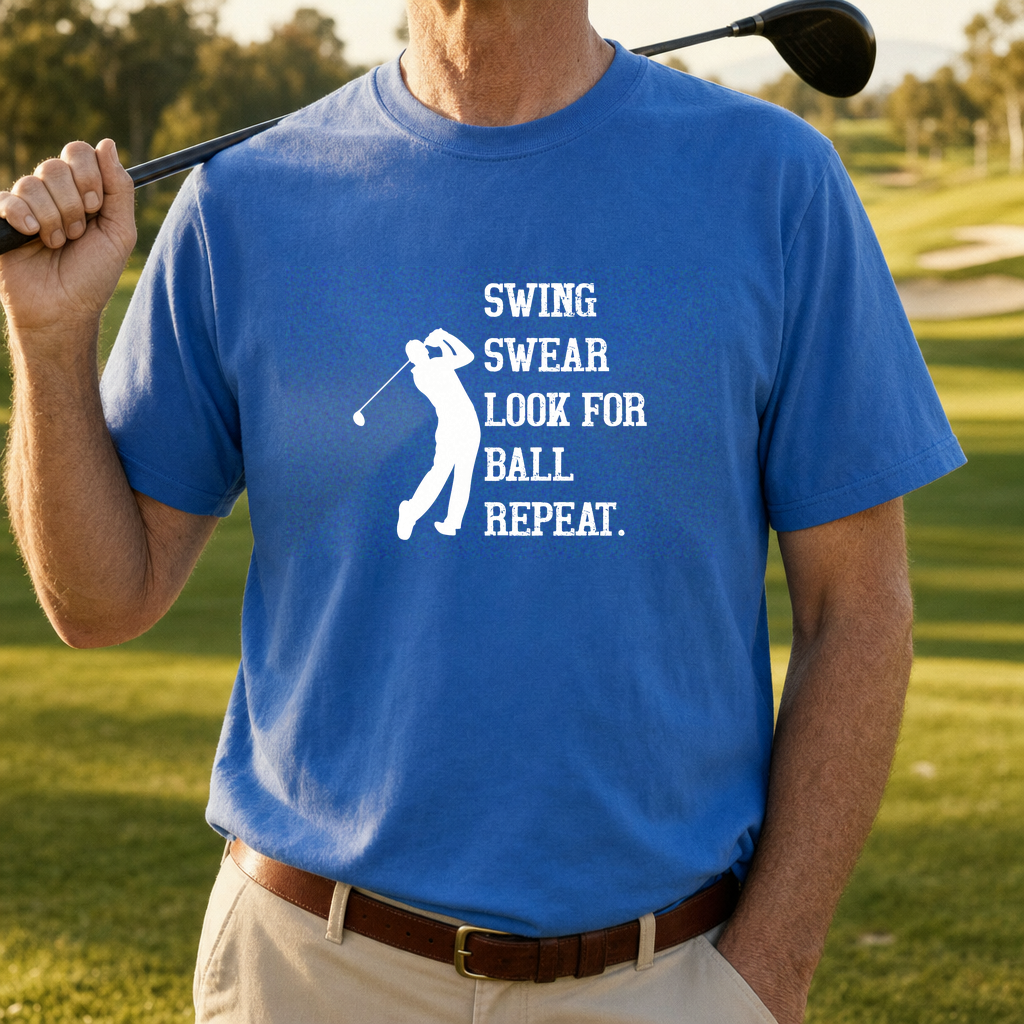 Swing Swear Repeat Tee worn on the golf course, Royal