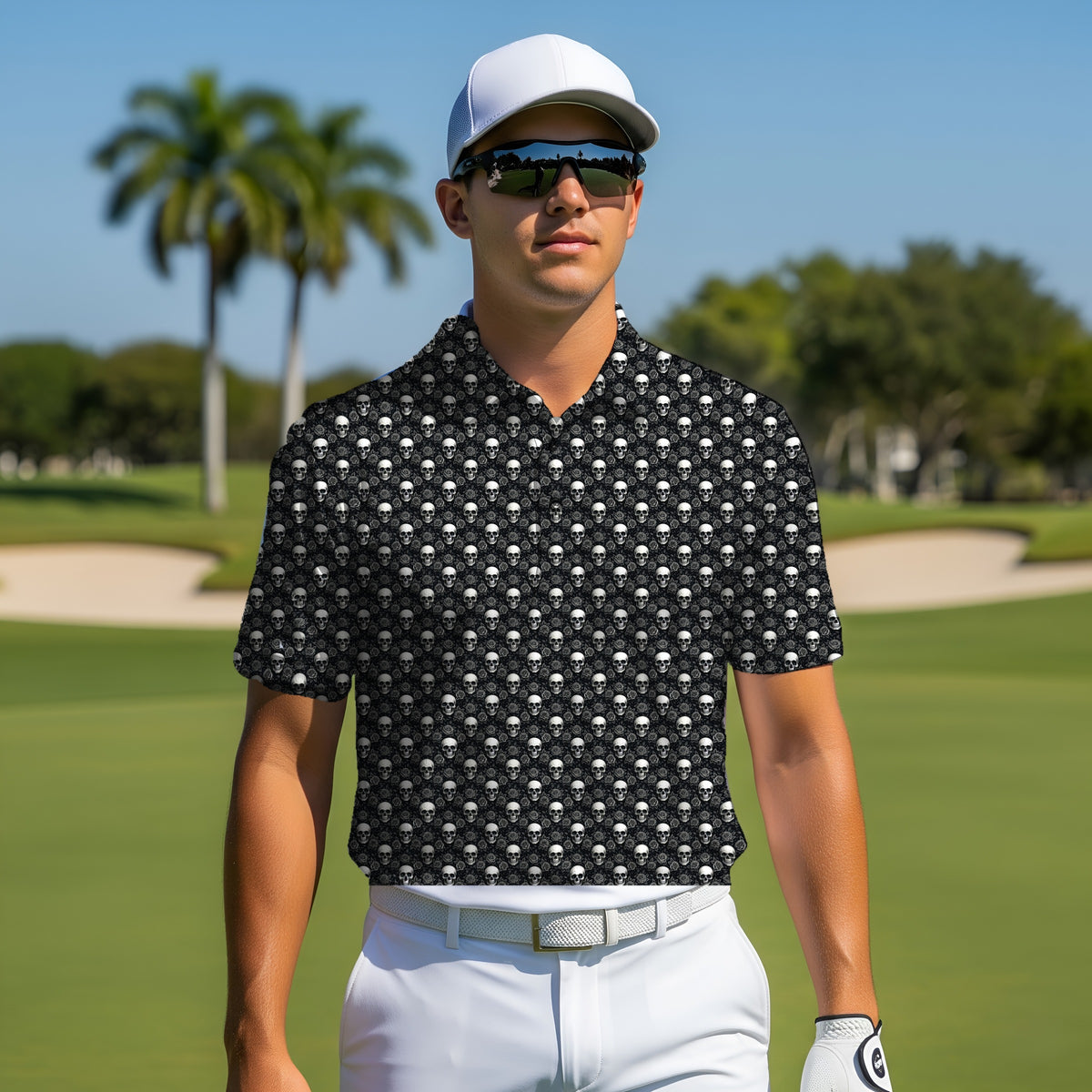 Gothic Roses Performance Print Polo worn on the golf course