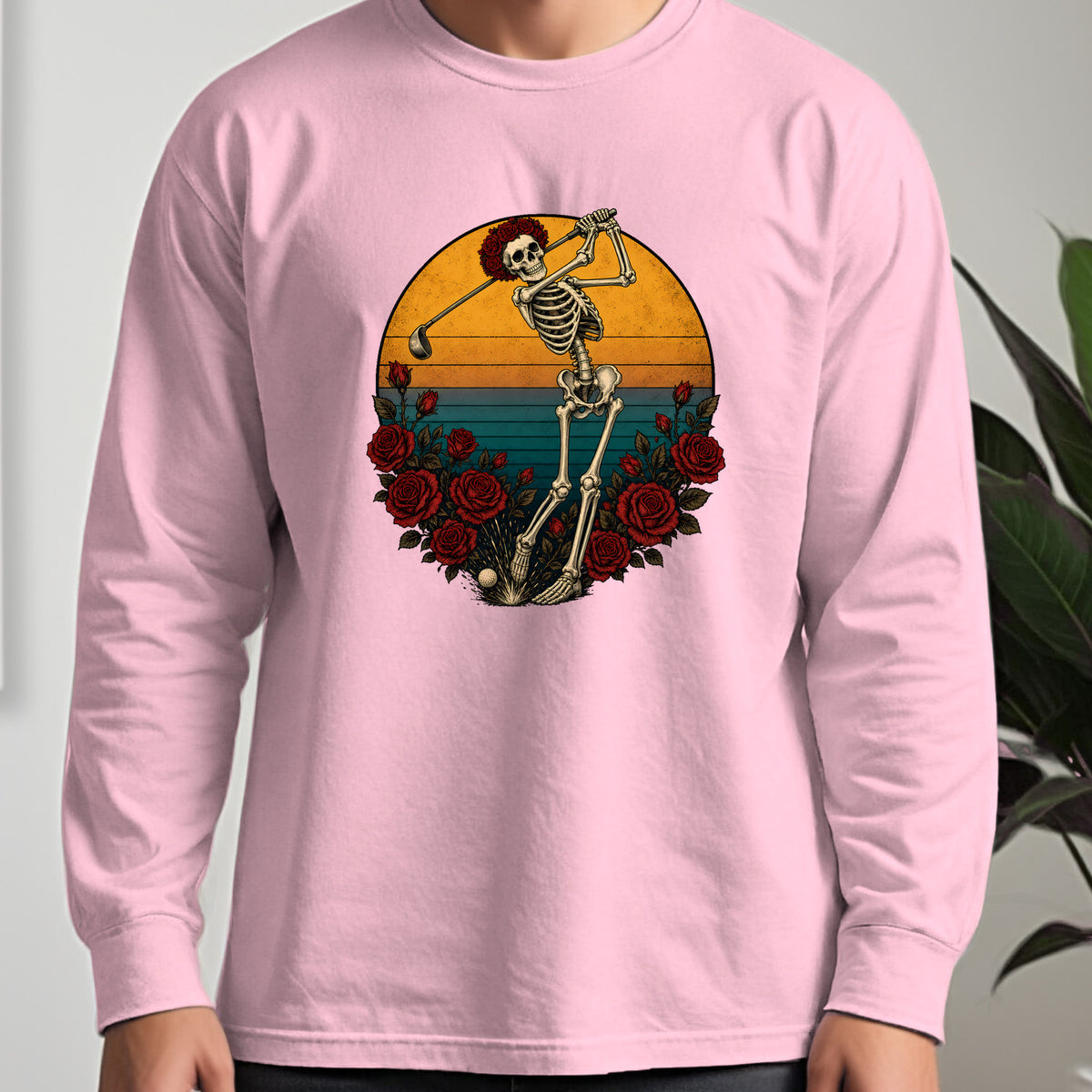 Skeleton Swing Sunset Long Sleeve Tee worn, Light Pink