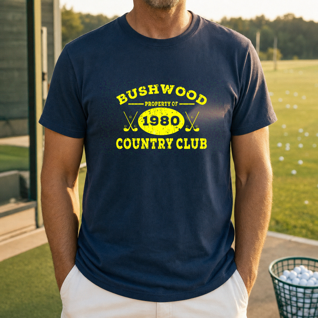 Property Of Bushwood Tee worn on the golf course, Navy