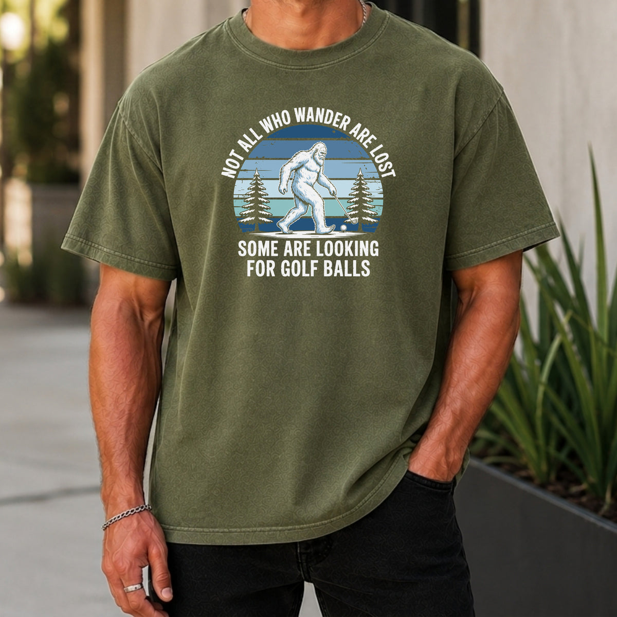 Not All Who Wandrer Yeti Premium Tee worn, Moss
