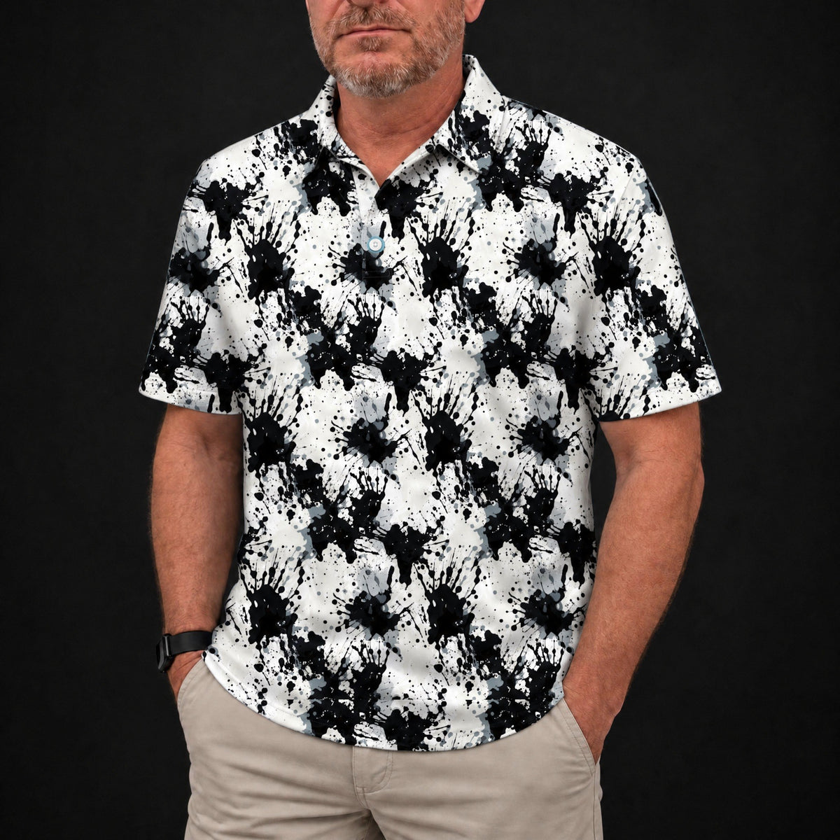 Ink Splatter Performance Print Polo worn, front view