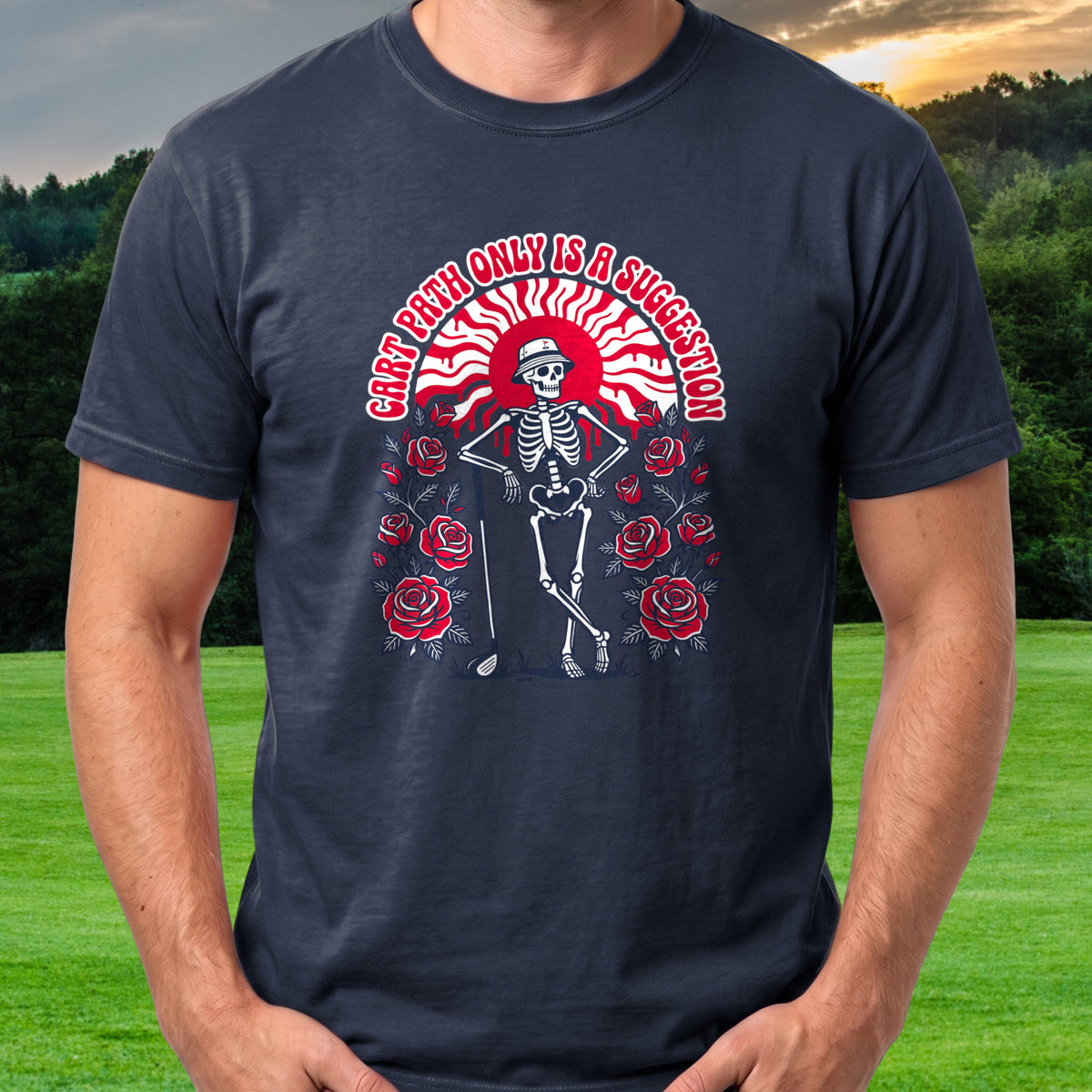 Cart Path Suggestion Tee worn on the golf course, Navy