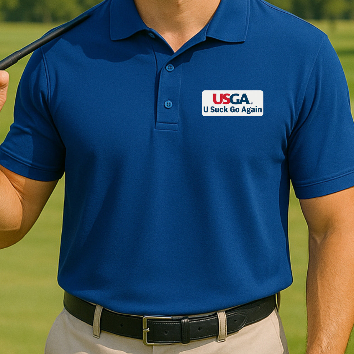 U Suck Go Again Performance Polo worn on the golf course, Royal