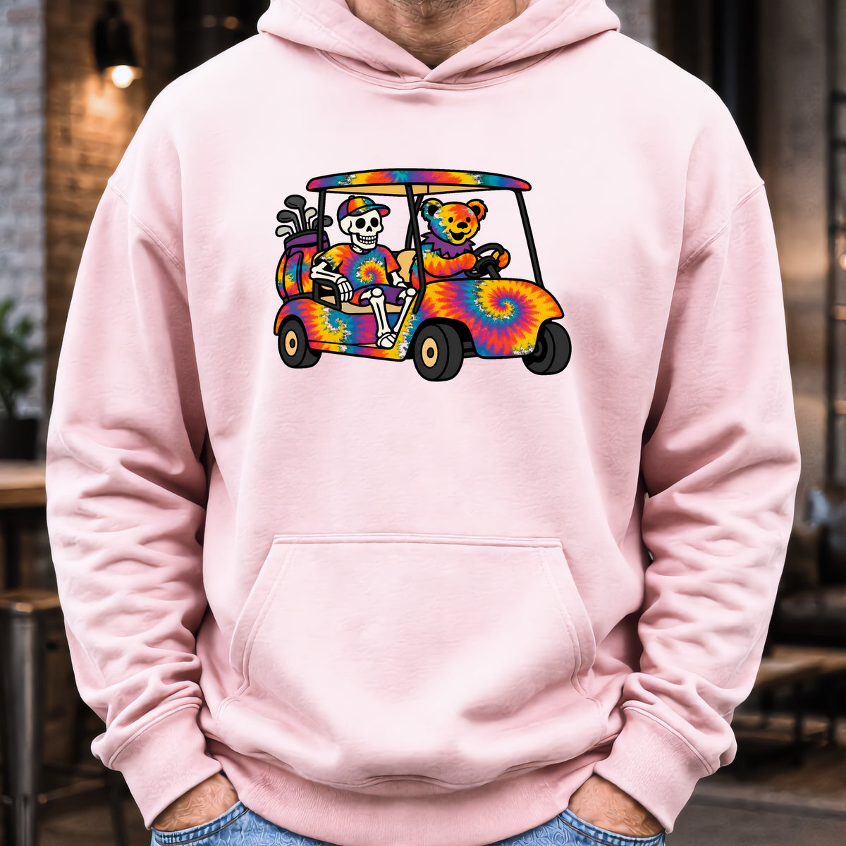 Tie Dye Golf Cart Hoodie worn, Light Pink