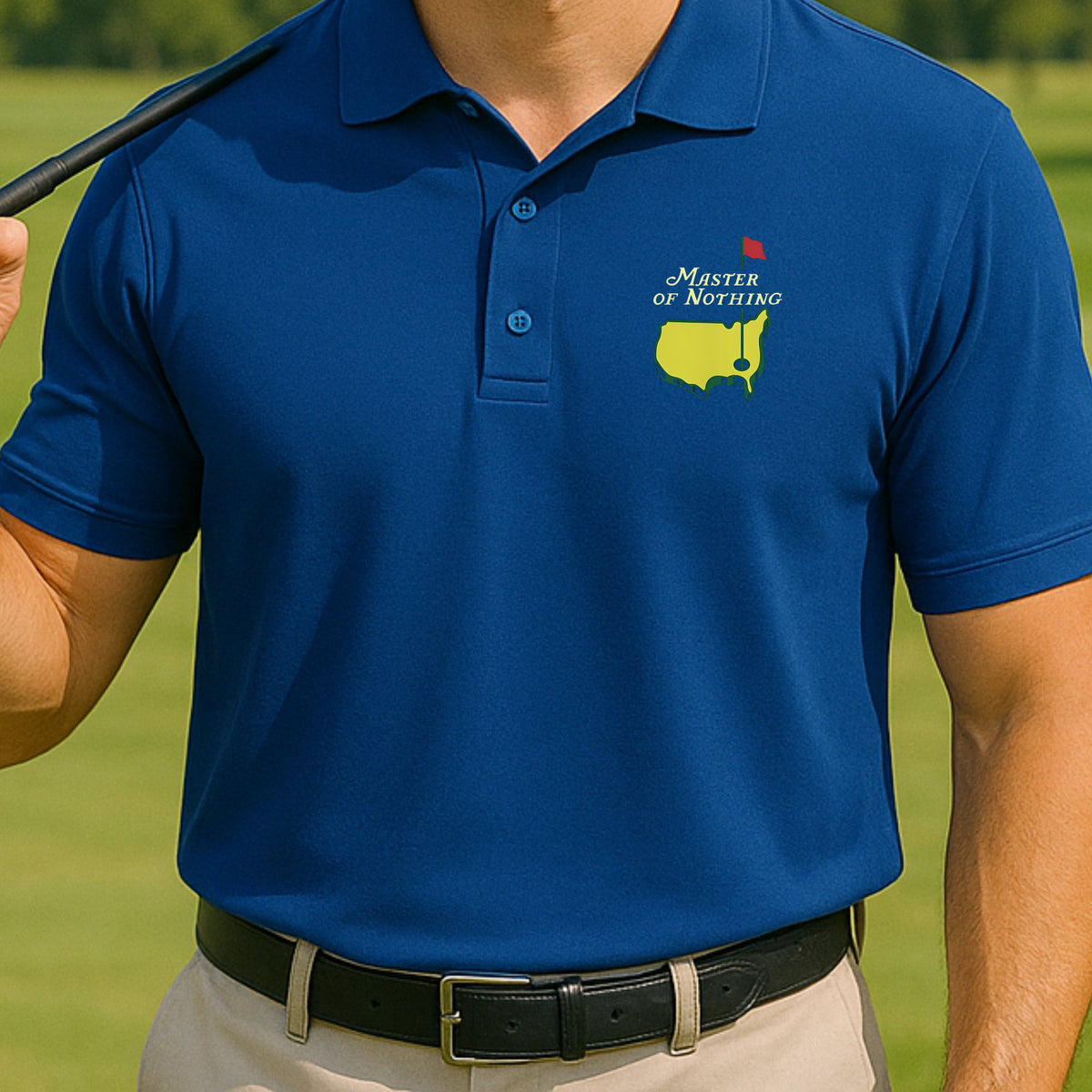 Master Of Nothing Performance Polo worn on the golf course, Royal