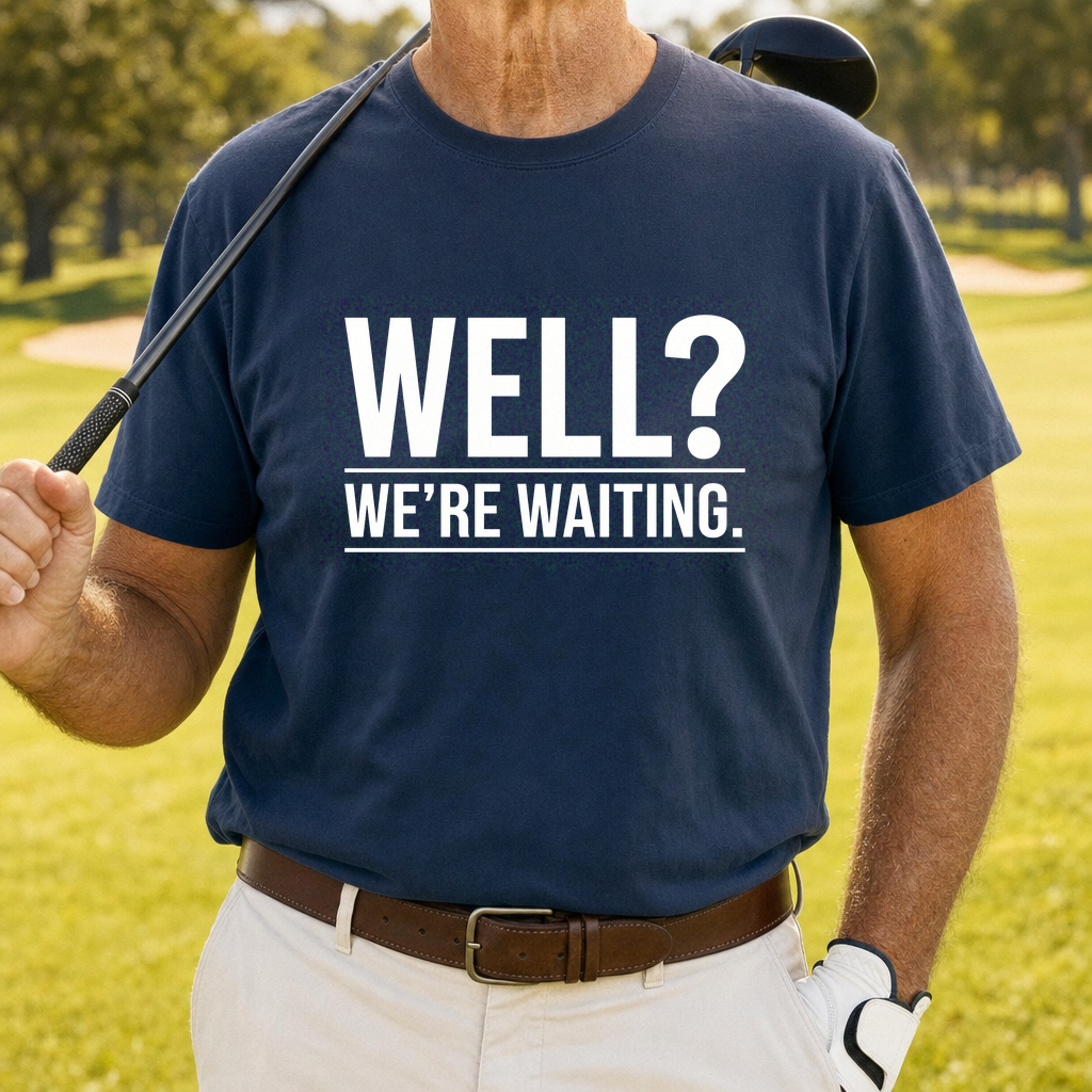 Well...We're Waiting Tee worn on the golf course, Navy