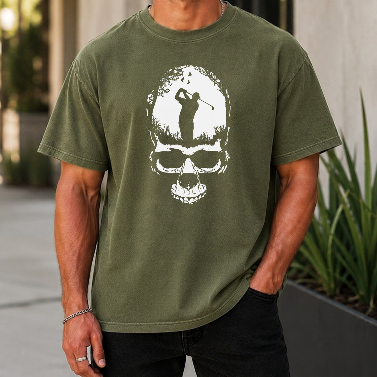 Skull Silhouette Premium Tee worn, Moss