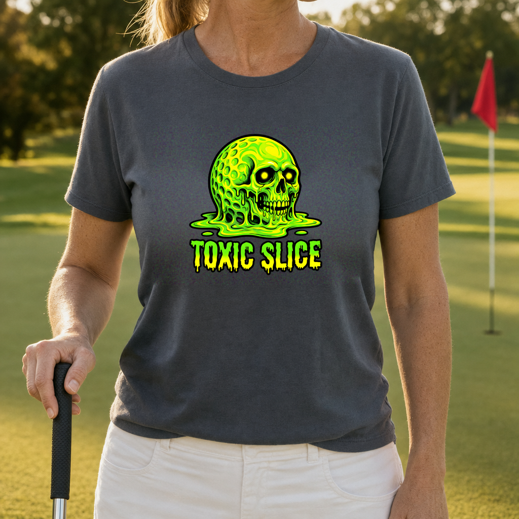 Toxic Slice Tee worn on the golf course, Dark Heather