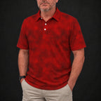 Red Smoke Performance Print Polo worn, front view