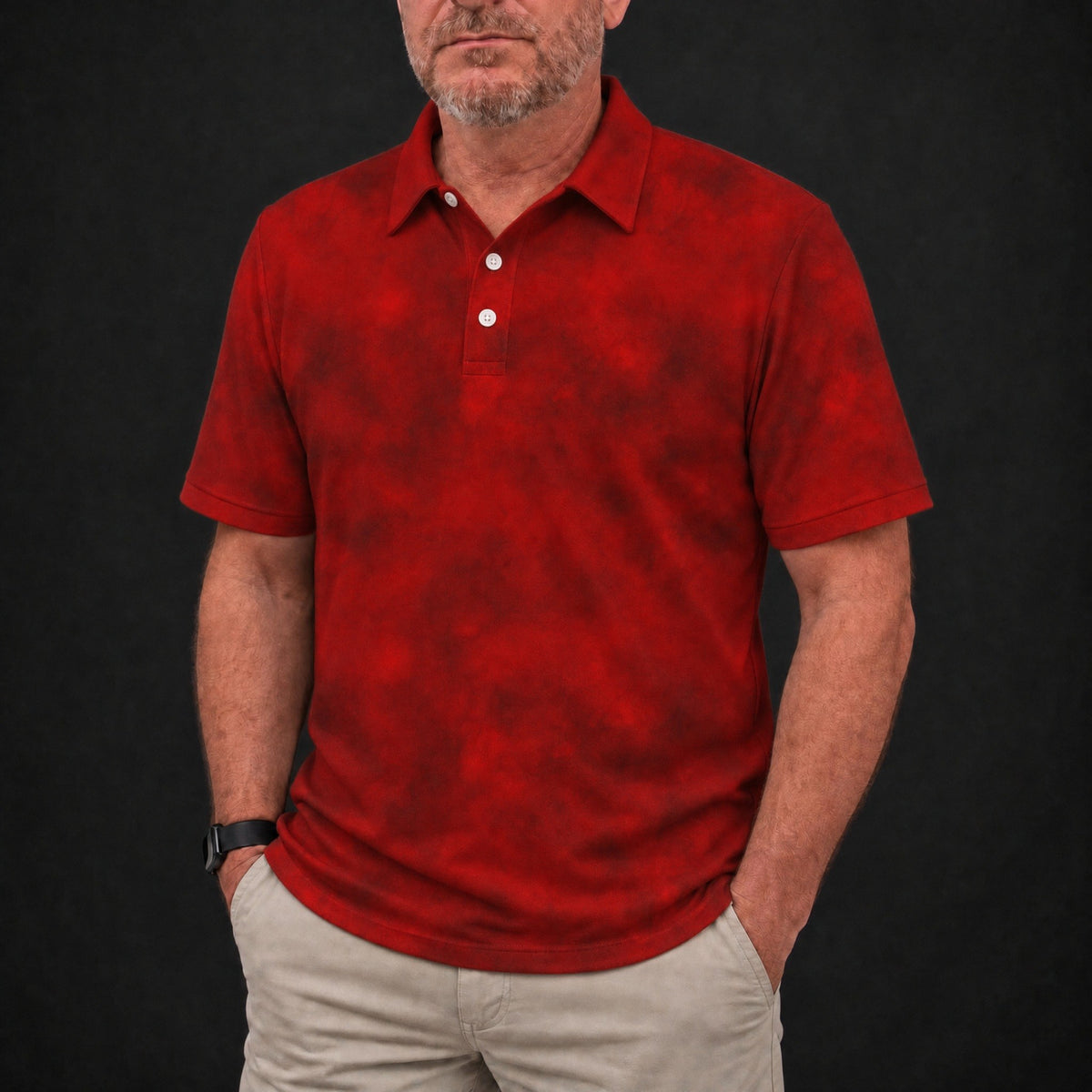 Red Smoke Performance Print Polo worn, front view