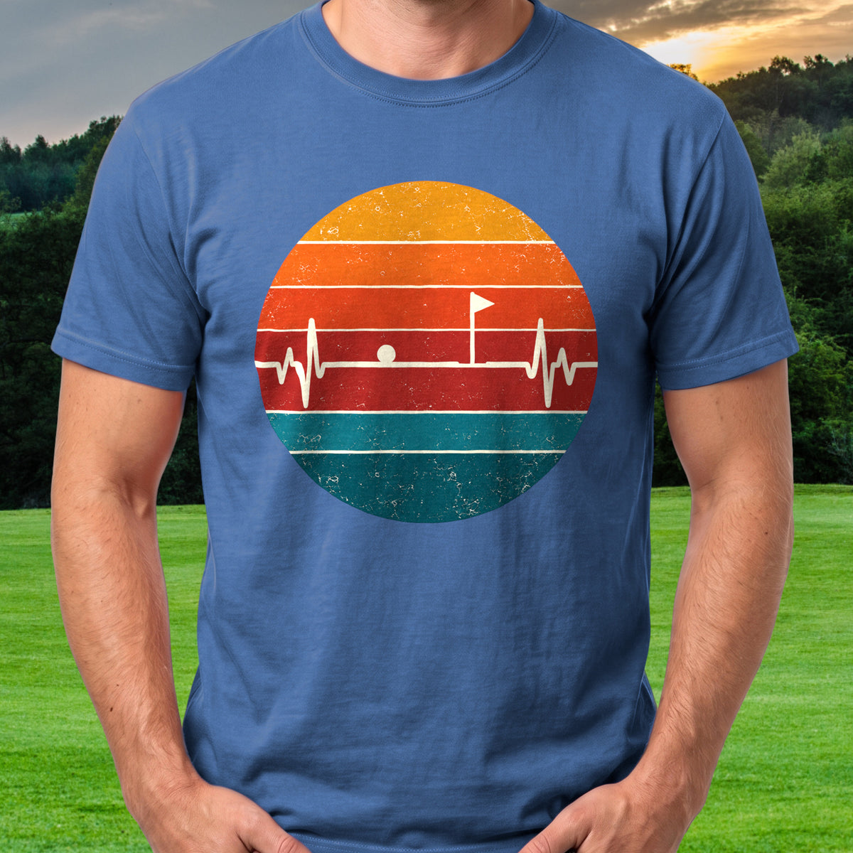 Flag EKG Retro Sunset Tee worn on the golf course, Royal