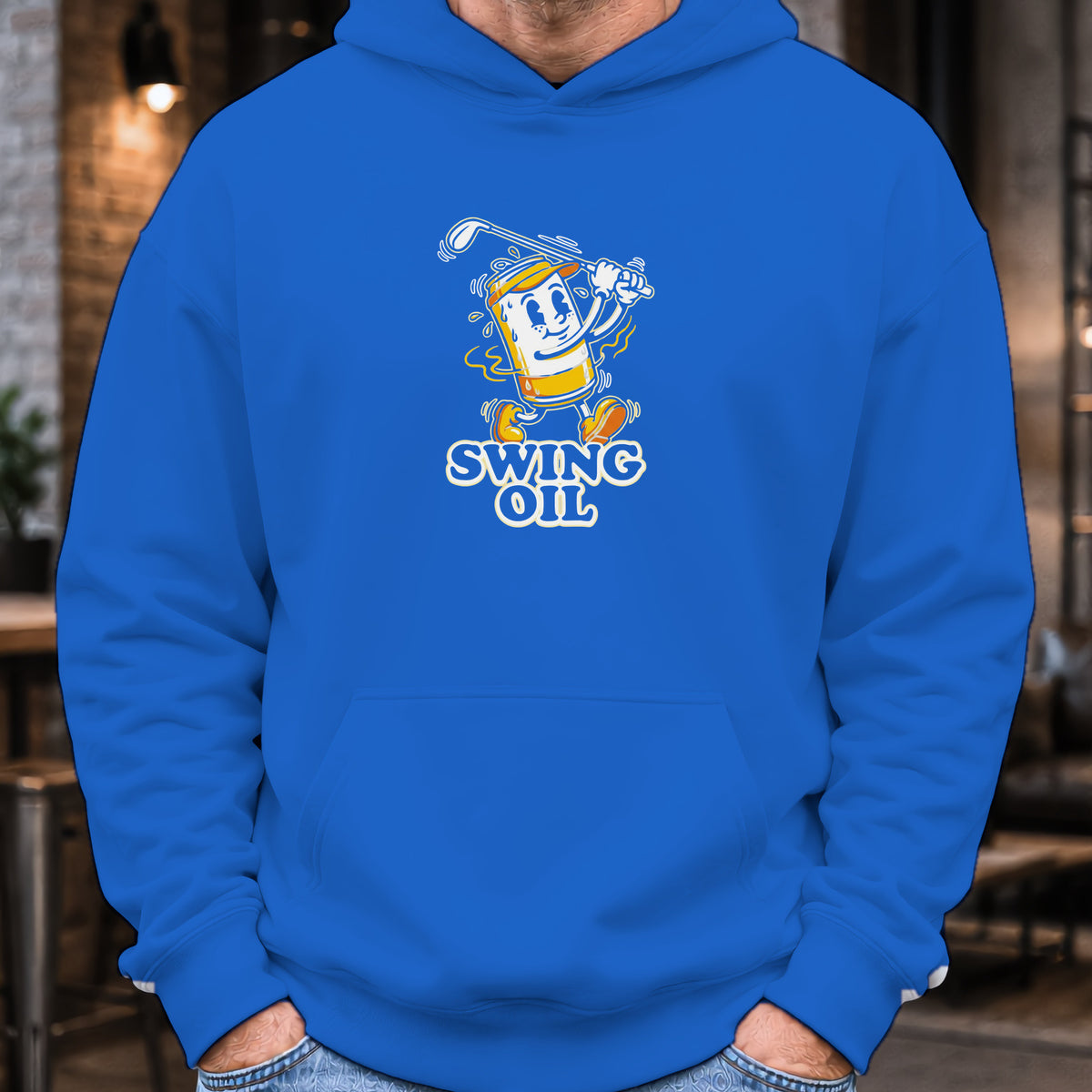 Swing Oil Beer Can Hoodie worn, Royal