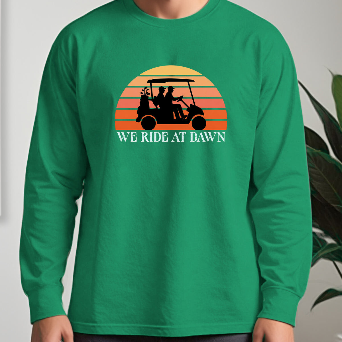 We Ride At Dawn Sunrise Long Sleeve Tee worn, Irish Green