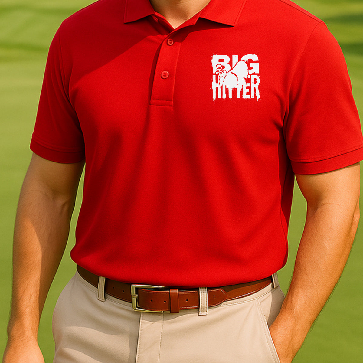 Bigfoot Big Hitter Performance Polo worn on the golf course, Red