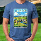 St Andrews Travel Poster Tee worn on the golf course, Royal