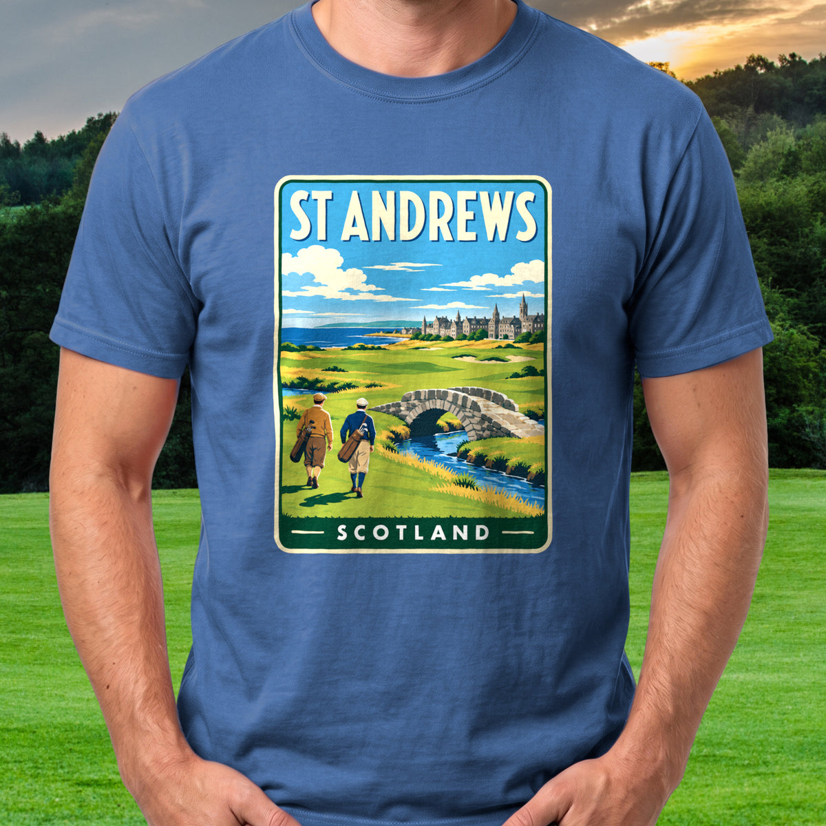 St Andrews Travel Poster Tee worn on the golf course, Royal