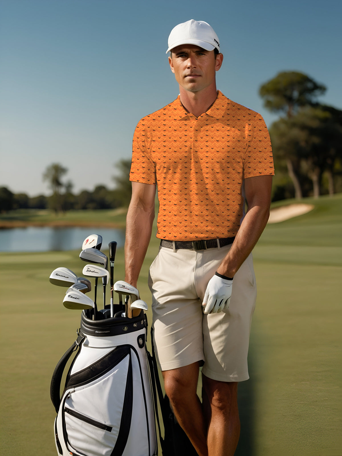 Halloween Bats Performance Print Polo worn on the golf course