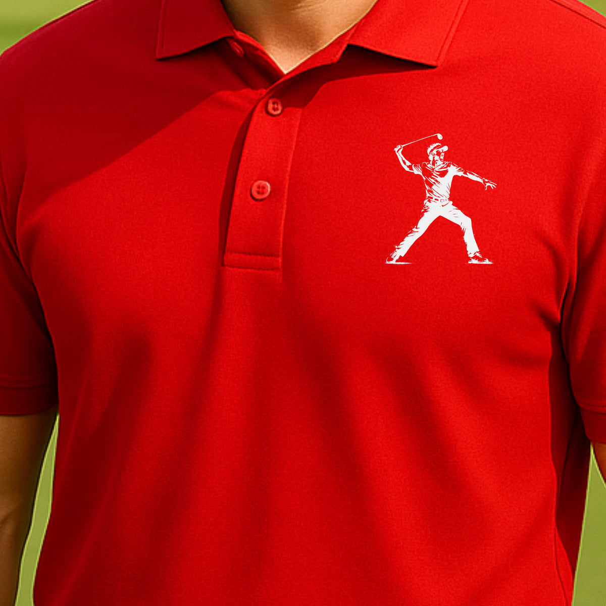 Angry Golfer Performance Polo worn on the golf course, Red