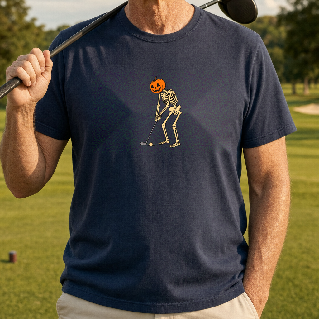 Pumpkin Head Putter Tee worn on the golf course, Navy