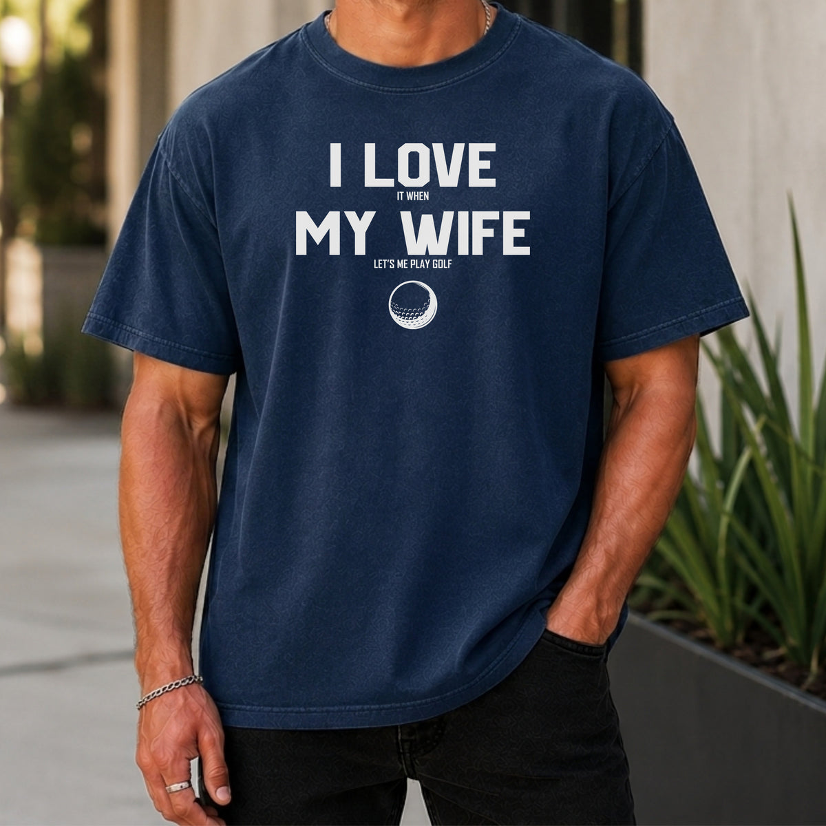 I Love My Wife Premium Tee worn, True Navy