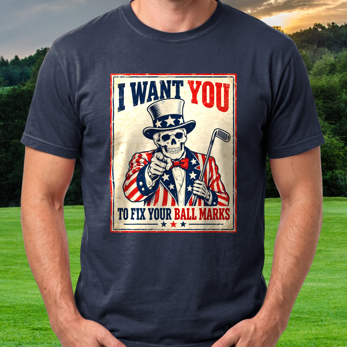 I Want You To Fix Your Ball Marks Tee worn on the golf course, Navy