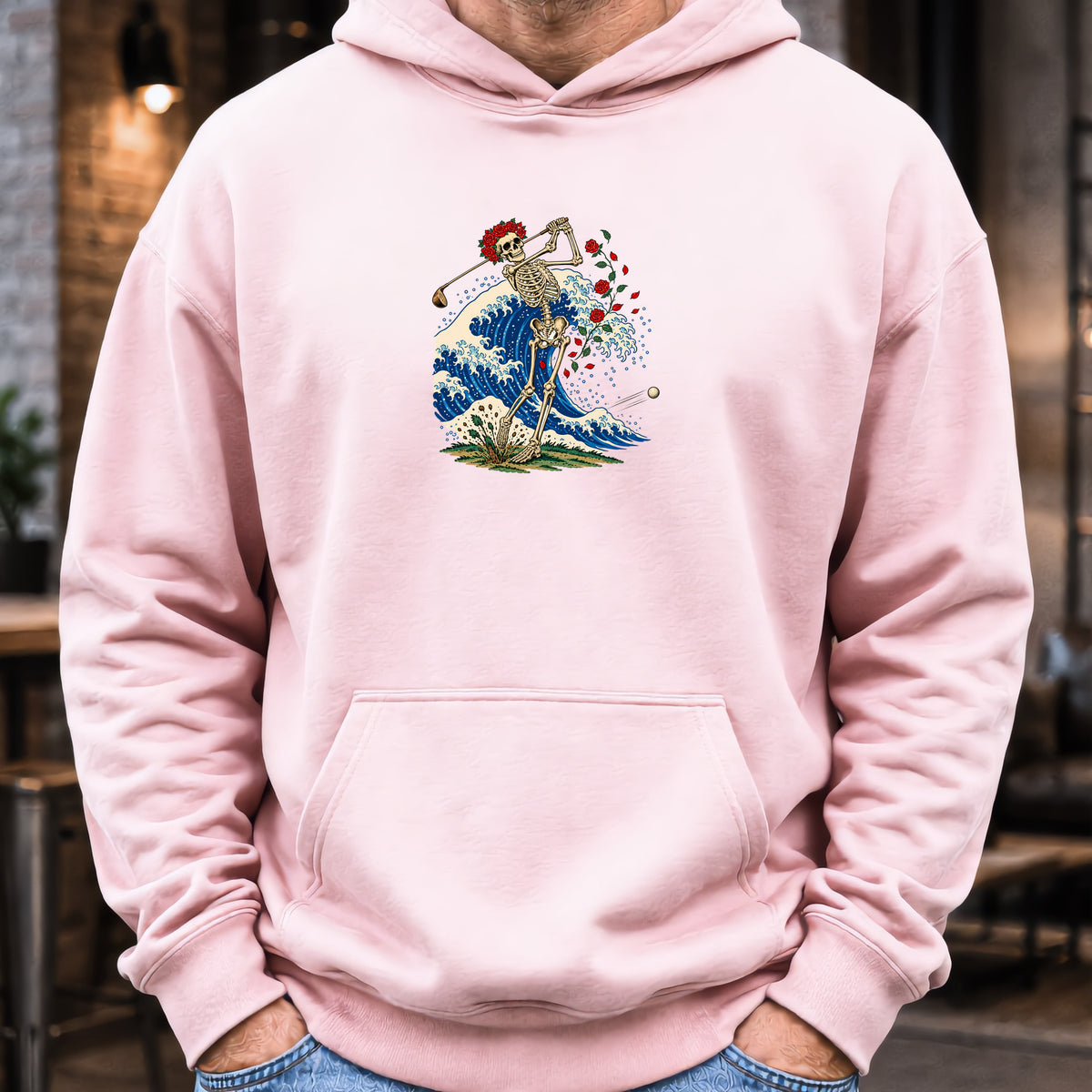 Rose Skeleton Great Wave Hoodie worn, Light Pink