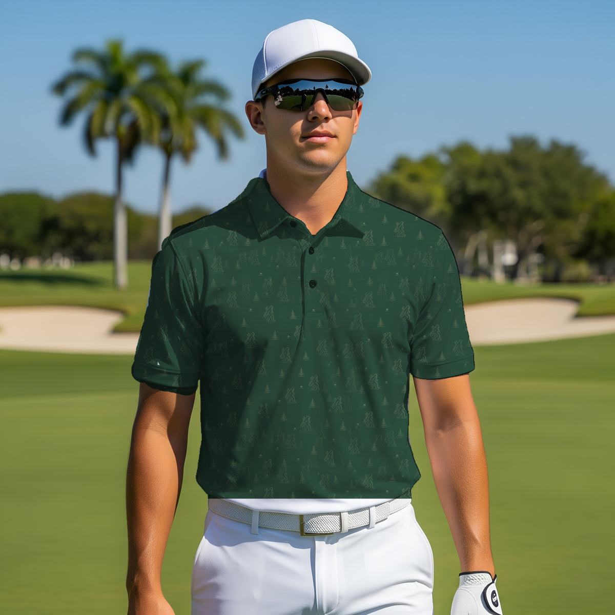 Sasquatch Forest Performance Print Polo worn on the golf course