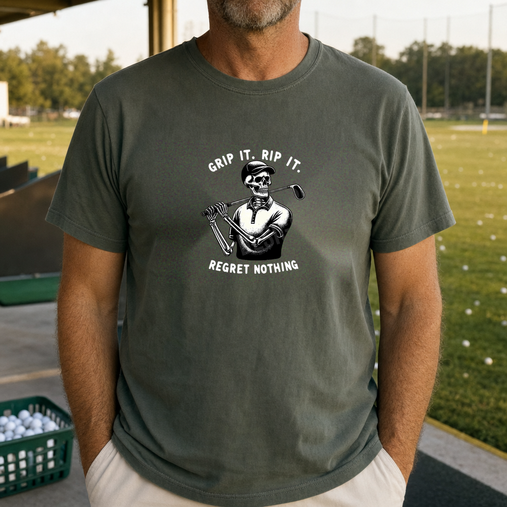 Regret Nothing Tee worn on the golf course, Military Green