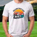 Follow That Cart Tee worn on the golf course, White