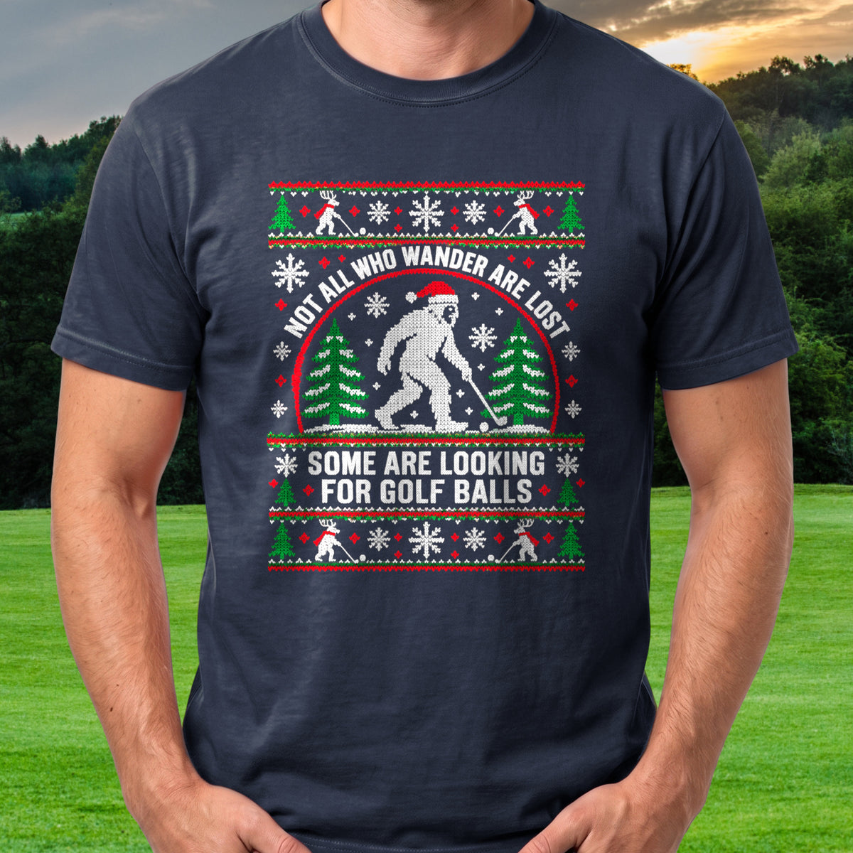 Wandering Sasquatch Ugly Sweater Tee worn on the golf course, Navy