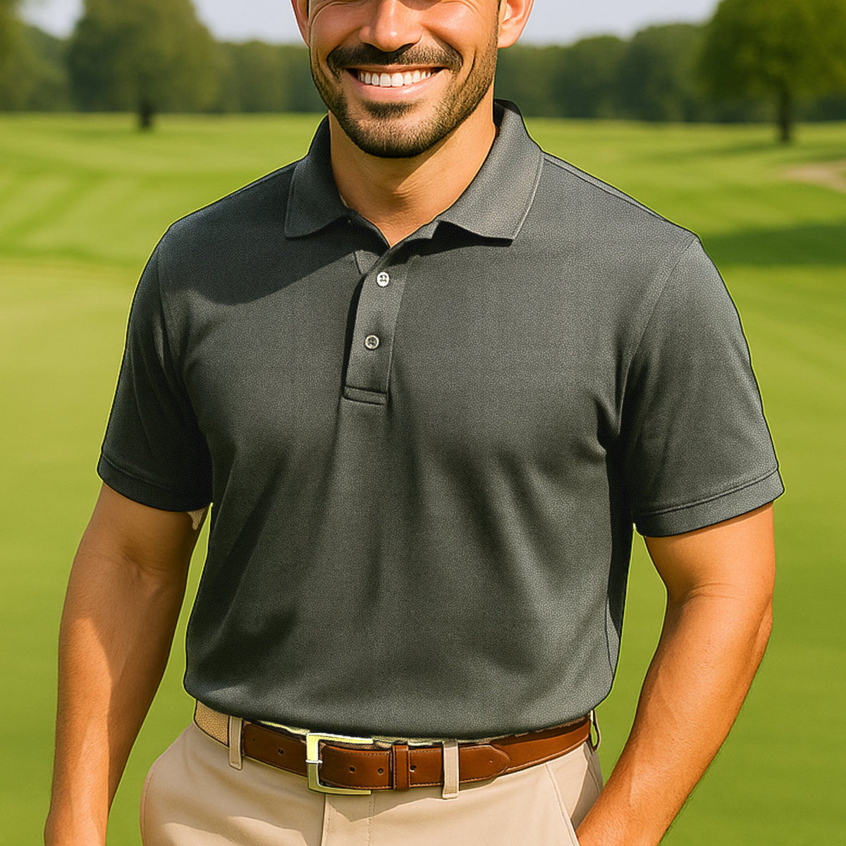 Range Ball Speckle Performance Print Polo worn on the golf course