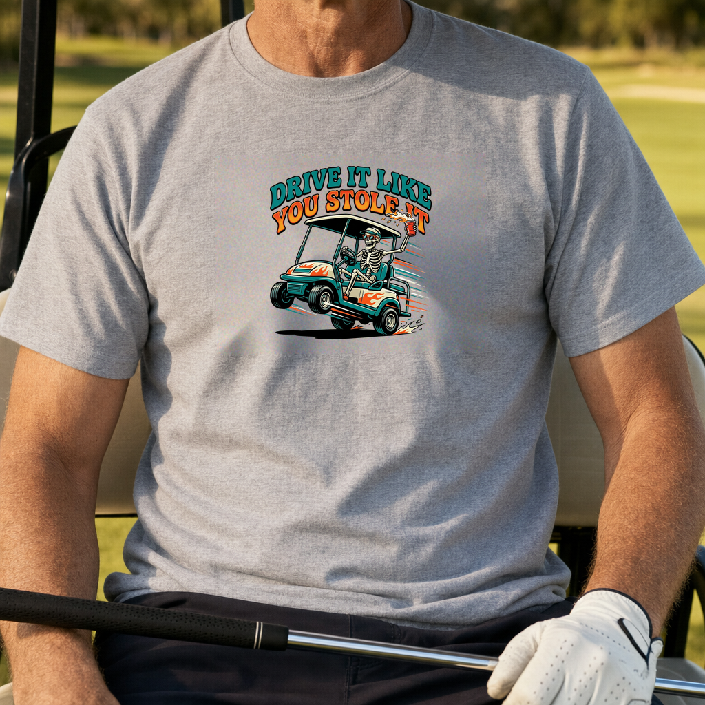 Drive It Like You Stole It Tee worn on the golf course, Sport Grey