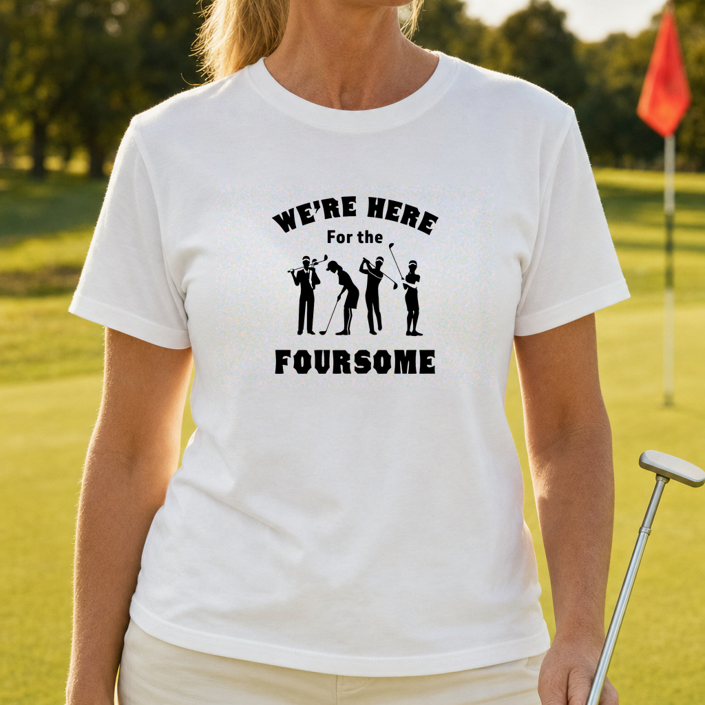 We're Here For The Foursome Tee worn on the golf course, White
