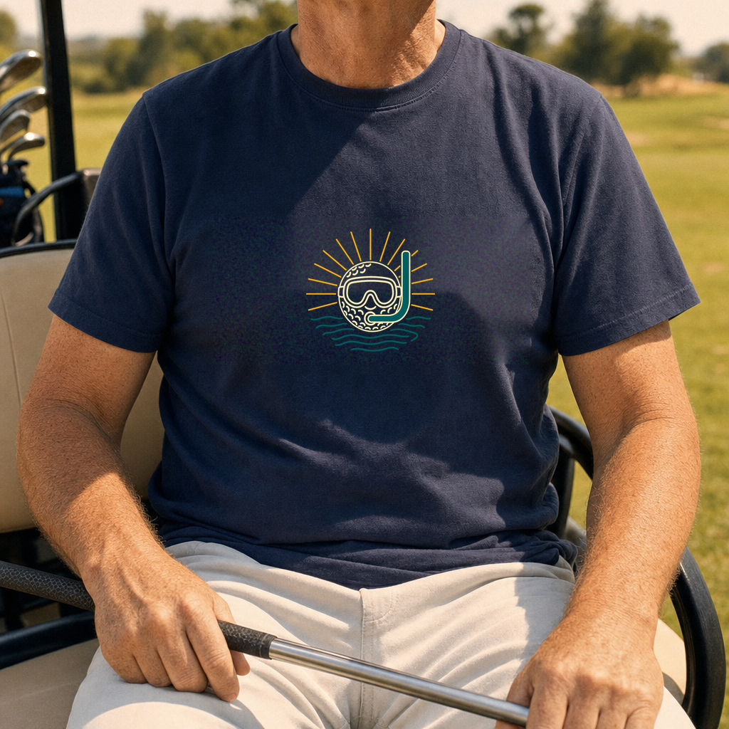 Sunset Scuba Tee worn on the golf course, Navy