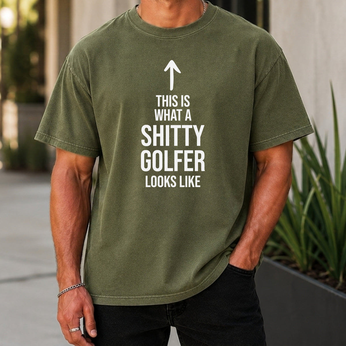 Shitty Golfer Premium Tee worn, Moss