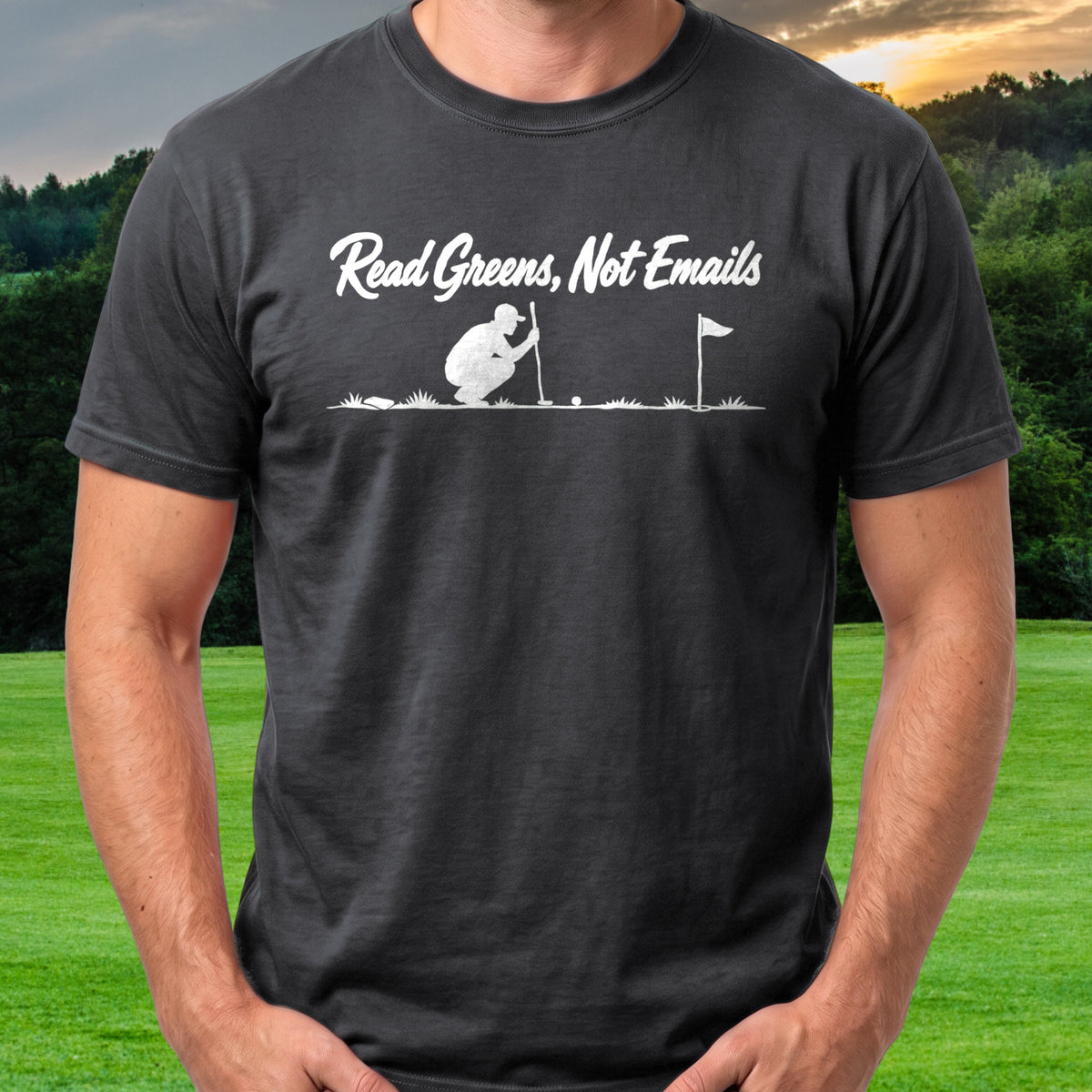 Read Greens Not Emails Tee worn on the golf course, Black
