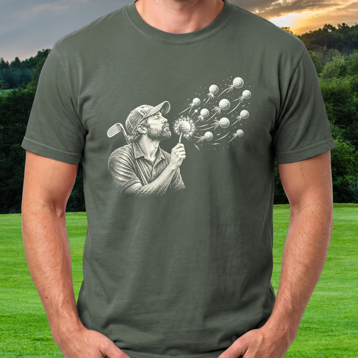 Golf Ball Dandelion Tee worn on the golf course, Military Green