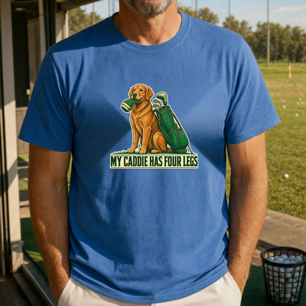 My Caddie Has Four Legs Tee worn on the golf course, Royal