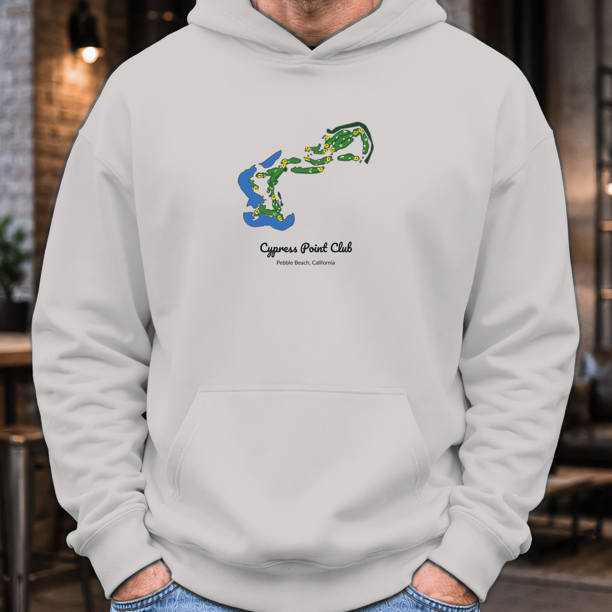 Cypress Point Club Course Map Hoodie worn, Sport Grey
