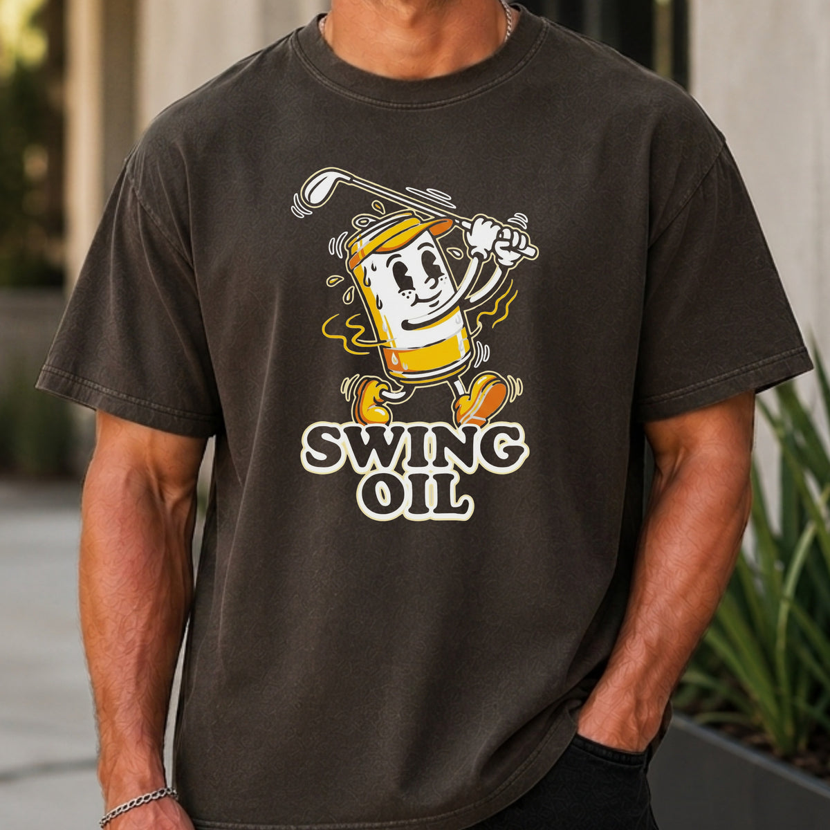 Swing Oil Beer Can Premium Tee worn, Pepper