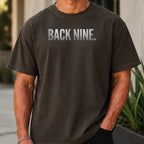 Back Nine Dimples Premium Tee worn, Pepper